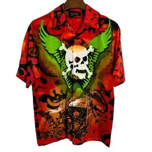 DRAGONFLY Button Up Skull Crossbones Motorcycle Flame Shirt Y2K 00s‎ Large